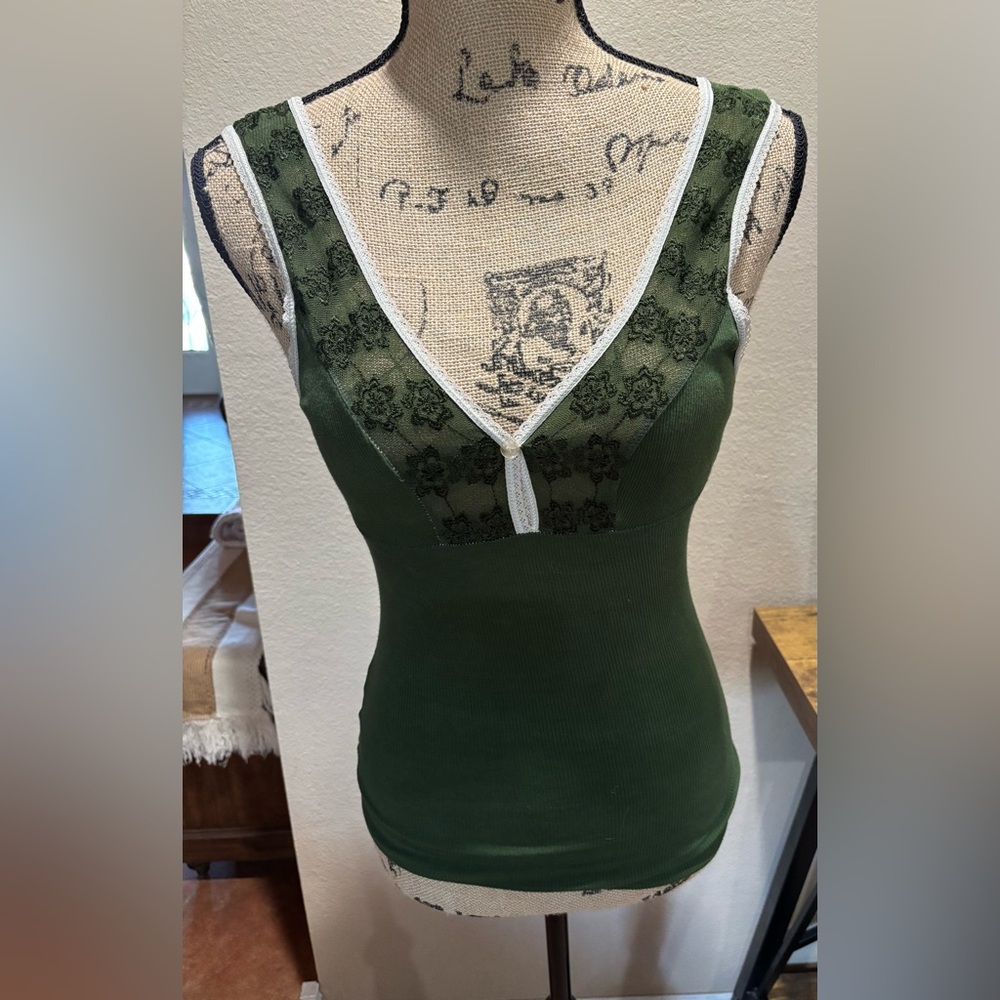 Free People Green Tank Top with Floral Embroidery